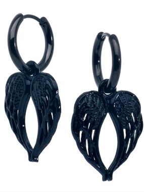Black Anodized Steel Hinged Huggie Hoop Angel Wings Dangle Earrings